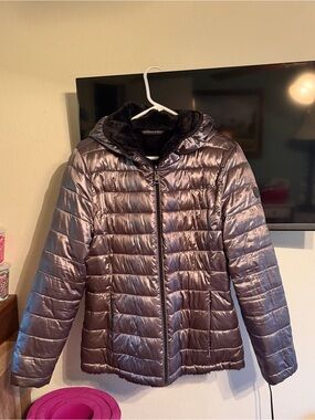 Andrew Marc Metallic Quilted Hooded Puffer Jacket - Dark Silver